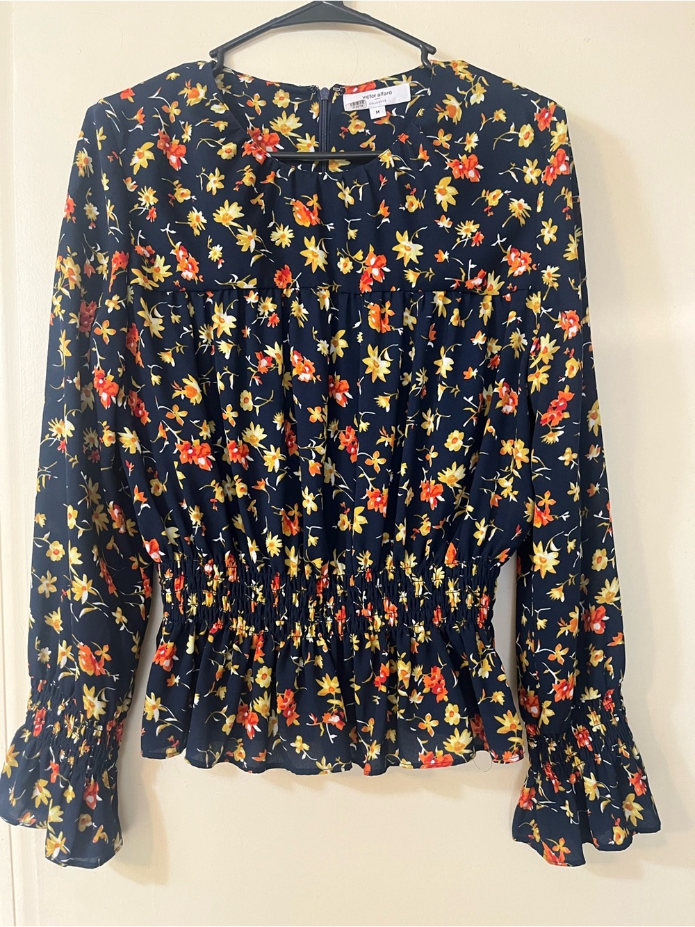 Victor Alfaro dark navy floral ruffled blouse